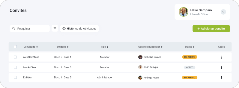 Seção do aplicativo Libera Aí onde o administrador pode consultar convites ou convidar diretamente