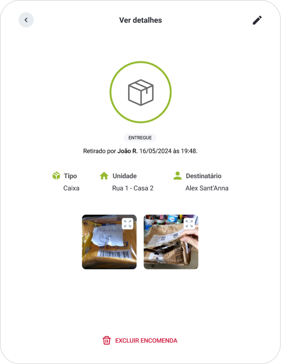 Seção do aplicativo Libera Aí onde é possível o administrador visualizar as encomendas recebidas e entregues