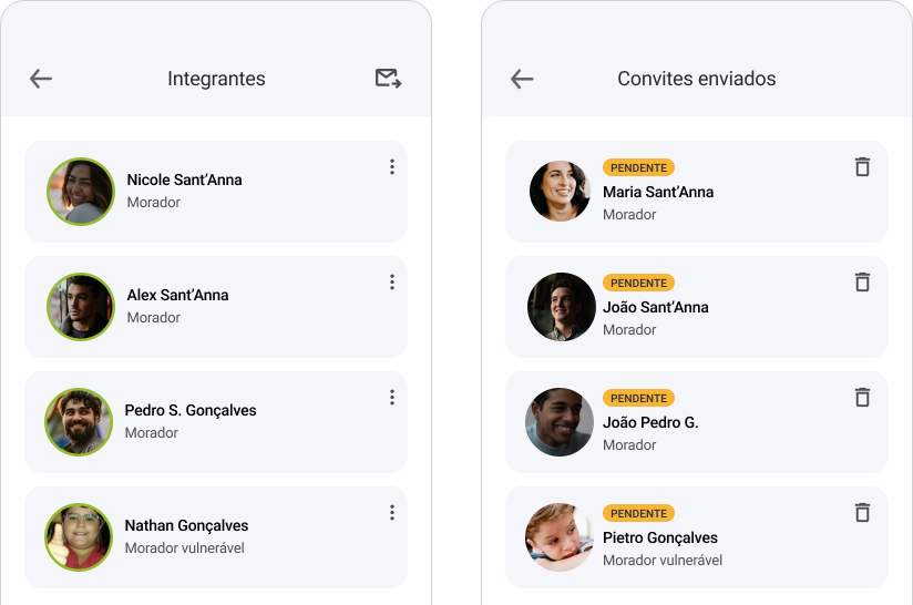 Seção do aplicativo Libera Aí onde mostra a listagem de integrantes de uma unidade e de convites enviados para pessoas se tornarem integrantes de determinada unidade.