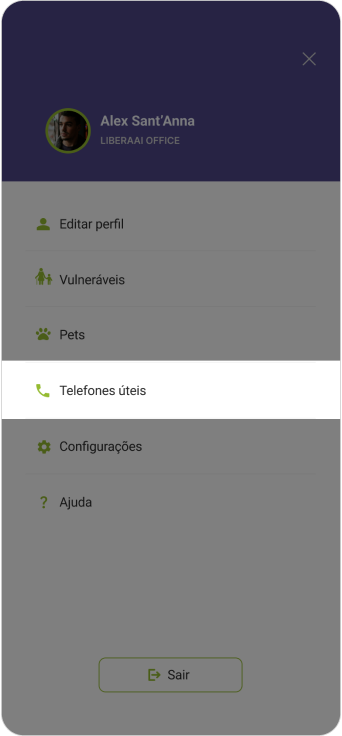 Menu lateral do aplicativo Libera Aí com a opção de 'Telefones Úteis' destacada.
