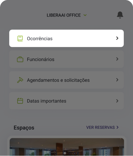 Seção 'condomínio' do aplicativo Libera Aí com destaque para a aba de Ocorrências 